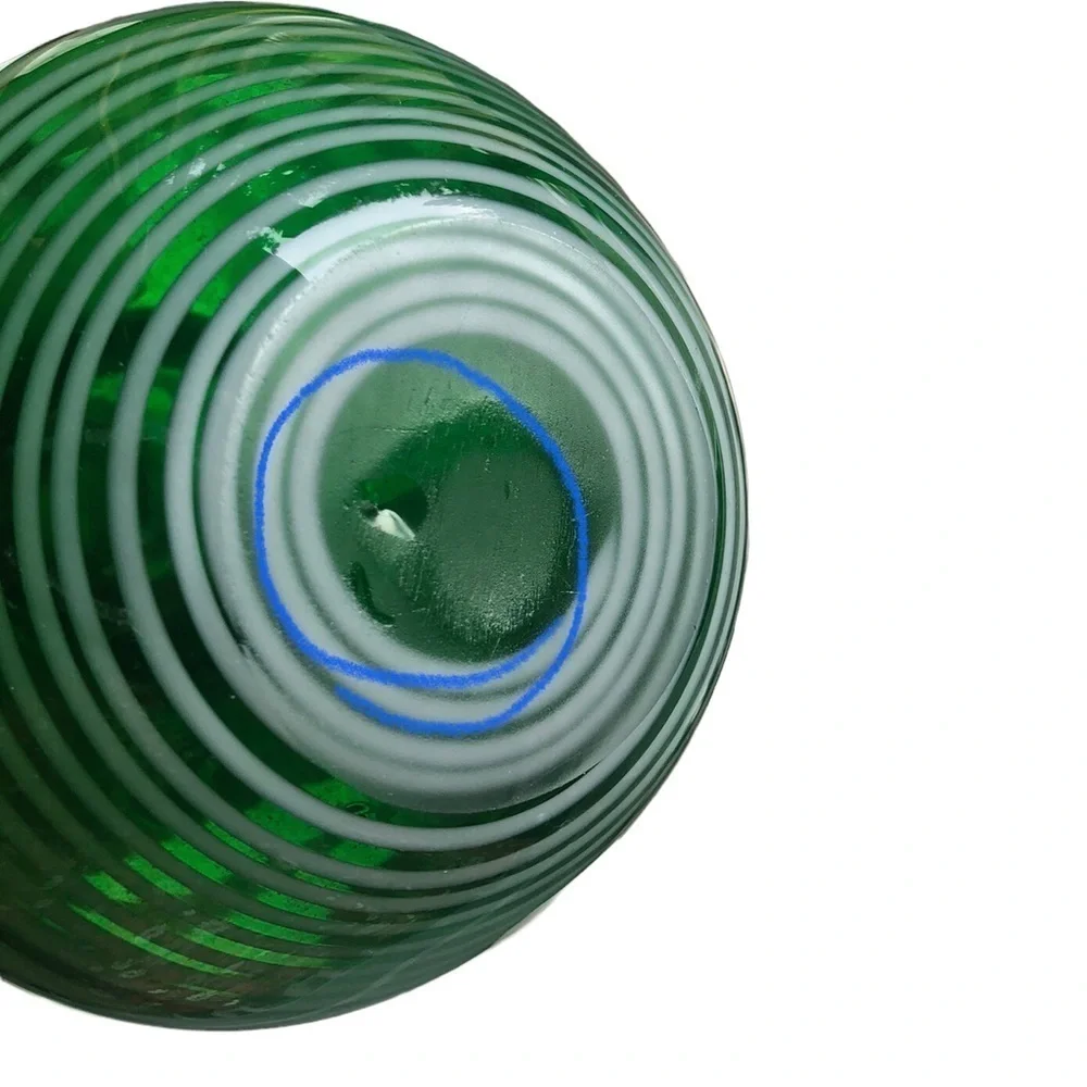 ART Glass/ Green Glass Vase / flat bottom / White swirls all the way around